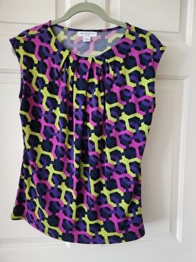 Liz Claiborne Navy Geometric Cap-Sleeve Top - Lime & Fuchsia Accents
